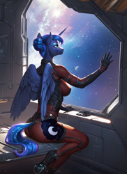 Size: 1024x1408 | Tagged: safe, imported from derpibooru, princess luna, alicorn, anthro, ai content, ai generated, alternate hairstyle, breasts, busty princess luna, clothes, female, generator:pony diffusion v6 xl, generator:stable diffusion, prompter:star-dragon, science fiction, solo, space, spaceship, suit, window, wings