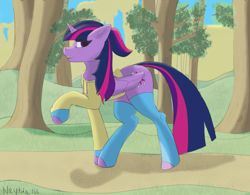 Size: 1280x1000 | Tagged: safe, artist:neytria165, imported from derpibooru, twilight sparkle, alicorn, alternate hairstyle, clothes, fanart, female, forest, freckles, mare, nature, ponytail, smiling, socks, solo, sweater, tree, twilight sparkle (alicorn)