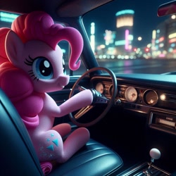 Size: 1024x1024 | Tagged: safe, imported from derpibooru, pinkie pie, earth pony, pony, 3d, ai content, ai generated, building, car, city, driving, evening, female, generator:bing image creator, generator:dall-e 3, lights, mare, prompter:equestria pony fans, seat, sitting, stars, steering wheel, triangle, wrong cutie mark
