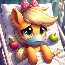 Size: 1024x1024 | Tagged: safe, imported from derpibooru, applejack, earth pony, pony, ai content, ai generated, apple, bed, bow, crying, female, food, fruit, generator:bing image creator, generator:dall-e 3, hairband, hospital, hospital bed, lying down, mare, mask, pillow, polka dots, prompter:equestria pony fans, sad, sick