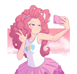 Size: 1075x1024 | Tagged: safe, artist:skittlebuggy, color edit, edit, imported from derpibooru, pinkie pie, human, equestria girls, clothes, colored, female, high res, lidded eyes, my little pony equestria girls: better together, peace sign, phone, selfie, skin color edit, skirt, smiling, smirk, solo, taking a photo