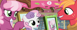 Size: 2687x1080 | Tagged: safe, composite screencap, edit, edited screencap, imported from derpibooru, screencap, big macintosh, cheerilee, sweetie belle, earth pony, pony, unicorn, hearts and hooves day (episode), horn, photos, smiling, sugarcube corner
