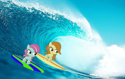 Size: 2048x1303 | Tagged: safe, artist:marybethmaria1423, imported from twibooru, fluttershy, minty, earth pony, my little pony: pony life, butterscotch, image, png, rule 63, surfboard
