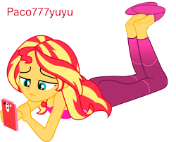 Size: 1342x1081 | Tagged: safe, imported from derpibooru, sunset shimmer, barefoot, cellphone, clothes, cute, feet, female, fetish, foot fetish, high heels, lying down, phone, relaxed, shoeplay, shoes, soles, solo, solo female, the pose