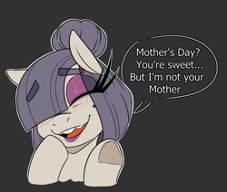 Size: 1380x1168 | Tagged: safe, artist:lockheart, imported from derpibooru, oc, oc only, oc:dot matrix's mom, earth pony, pony, bucktooth, bust, eye clipping through hair, eyeshadow, female, gray background, hair over one eye, hoof on cheek, long eyelashes, makeup, mare, mole, mother's day, open mouth, open smile, simple background, smiling, solo, underhoof