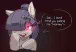 Size: 1686x1168 | Tagged: safe, artist:lockheart, imported from derpibooru, oc, oc only, oc:dot matrix's mom, earth pony, pony, bedroom eyes, bust, dialogue, eyebrows, eyebrows visible through hair, female, glowing, glowing horn, gray background, hair over one eye, hoof on cheek, horn, looking at you, mare, mommy kink, mother's day, raised eyebrow, simple background, smiling, smiling at you, solo, speech bubble, talking to viewer