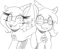 Size: 3355x2806 | Tagged: safe, artist:lockheart, imported from derpibooru, oc, oc only, oc:lockie, oc:tjpones, earth pony, pony, birthday, black and white, duo, duo male and female, female, glasses, grayscale, grin, hat, long eyelashes, looking at each other, looking at someone, male, mare, monochrome, open mouth, open smile, party hat, simple background, smiling, smiling at each other, stallion, white background