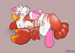 Size: 2291x1608 | Tagged: safe, artist:foxxy-arts, artist:pinksundae, imported from derpibooru, oc, oc only, oc:foxxy hooves, hippogriff, lobster, blushing, female, hippogriff oc, inanimate tf, inflatable, mid-transformation, open mouth, solo, transformation