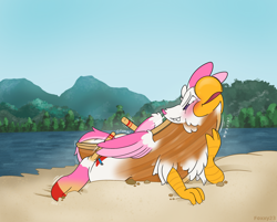 Size: 2142x1720 | Tagged: safe, artist:foxxy-arts, imported from derpibooru, oc, oc only, oc:foxxy hooves, hippogriff, blushing, boat, female, hippogriff oc, inanimate tf, lake, mid-transformation, mountain, oars, open mouth, rock, rowboat, sky, solo, transformation, tree, water