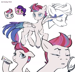 Size: 1914x1849 | Tagged: safe, artist:laymy, imported from derpibooru, pipp petals, zipp storm, pegasus, pony, duo, duo female, female, floppy ears, g5, hoof hold, magnifying glass, mare, narrowed eyes, royal sisters (g5), siblings, signature, simple background, sisters, solo focus, spread wings, toothpaste, white background, wings