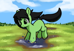 Size: 808x562 | Tagged: safe, artist:neuro, imported from derpibooru, oc, oc only, oc:filly anon, earth pony, pony, female, filly, foal, looking down, puddle, smiling, solo, splashing