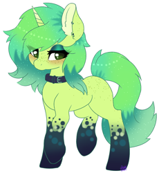 Size: 982x1067 | Tagged: safe, artist:pasteldraws, imported from derpibooru, oc, oc only, pony, unicorn, blushing, bubble tea theme, collar, ear fluff, eyeshadow, freckles, horn, makeup, simple background, solo, transparent background, unnamed character, unnamed pony