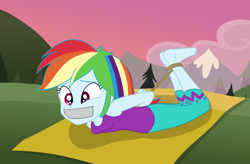 Size: 2500x1642 | Tagged: safe, artist:nie-martw-sie-o-mnie, imported from derpibooru, rainbow dash, human, equestria girls, wake up!, spoiler:eqg series (season 2), barefoot, bondage, bound and gagged, clothes, feet, female, gag, hogtied, my little pony equestria girls: choose your own ending, pants, rope, rope bondage, solo, tape, tape gag, wake up!: rainbow dash, yoga mat, yoga pants