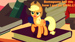 Size: 1920x1080 | Tagged: safe, edit, edited screencap, imported from derpibooru, screencap, applejack, earth pony, pony, bridle gossip, season 1, appletini, book, female, golden oaks library, guess the reference, kingdom hearts, library, meme, micro, solo