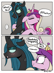 Size: 2163x2896 | Tagged: safe, artist:icey, imported from derpibooru, princess cadance, queen chrysalis, alicorn, changeling, pony, 2 panel comic, blushing, cadalis, comic, duo, duo female, female, hug, infidelity, lesbian, shipping, tsundalis, tsundere