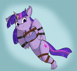 Size: 1767x1639 | Tagged: safe, artist:parassaux, imported from derpibooru, twilight sparkle, alicorn, anthro, plantigrade anthro, belly button, bondage, bound, bound wings, bra, breasts, cleavage, clothes, cutie mark, female, hands behind back, horn, horn ring, jewelry, looking at you, panties, ring, rope, rope bondage, solo, twilight sparkle (alicorn), underwear, wings