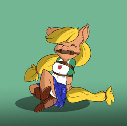 Size: 1942x1926 | Tagged: safe, artist:parassaux, imported from derpibooru, applejack, anthro, bit gag, bondage, boots, bound and gagged, clothes, cowboy boots, denim, denim skirt, eyes closed, female, gag, gradient background, hands behind back, panties, panty shot, rope, rope bondage, shoes, sitting, skirt, solo, underwear