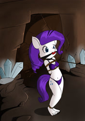 Size: 1581x2243 | Tagged: safe, artist:parassaux, imported from derpibooru, rarity, anthro, plantigrade anthro, ballgag, belly button, bikini, bondage, bound and gagged, breasts, cave, cleavage, clothes, crystal, cutie mark, female, gag, hands behind back, leash, purple bikini, rope, rope bondage, solo, standing, swimsuit