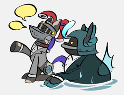 Size: 1533x1176 | Tagged: safe, artist:cogmics, imported from derpibooru, pony, cog, crossover, deep diver, duo, female, gatekeeper, gatekeeper (corporate clash), ponified, speech bubble, toontown online, toontown: corporate clash