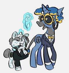 Size: 1046x1104 | Tagged: safe, artist:cogmics, imported from derpibooru, pony, unicorn, bowtie, cigar, cog, crossover, duo, female, flower, horn, male, mouthpiece (corporate clash), necktie, pluto (corporate clash), pluto (toontown), plutocrat, ponified, straight, toontown online, toontown: corporate clash