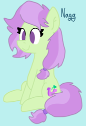 Size: 2136x3097 | Tagged: safe, artist:naggfruit, imported from derpibooru, oc, oc only, oc:lavender charm, offspring, parent:marble pie, parent:trouble shoes, parent:troubleshoes clyde, parents:marbleshoes, simple background, sitting, two toned mane