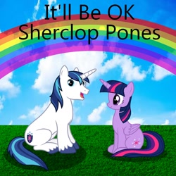 Size: 900x900 | Tagged: safe, artist:shercloppones, artist:user15432, imported from derpibooru, shining armor, twilight sparkle, alicorn, pony, unicorn, friendship is witchcraft, album, album cover, blue sky, brother and sister, cloud, duo, duo male and female, female, grass, horn, it'll be ok, looking at you, male, open mouth, open smile, rainbow, siblings, sitting, sky, smiling, twilight sparkle (alicorn)