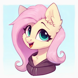 Size: 1280x1280 | Tagged: safe, artist:nightluna, editor:nightluna, imported from derpibooru, fluttershy, pegasus, pony, ai assisted, ai content, bust, cheek fluff, chest fluff, clothes, cute, ear fluff, eyebrows, eyelashes, female, hoodie, mare, open mouth, open smile, portrait, shyabetes, simple background, smiling, solo