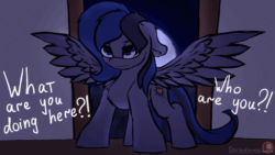 Size: 1280x720 | Tagged: safe, artist:darbedarmoc, imported from derpibooru, oc, oc:luamore, pegasus, angry, animated, dialogue, gif, looking at you, night, tail, two toned mane, two toned tail