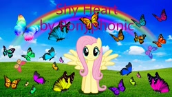 Size: 1280x720 | Tagged: safe, artist:ponyphonic, artist:user15432, imported from derpibooru, fluttershy, butterfly, insect, pegasus, pony, blue sky, cloud, flying, grass, looking at you, rainbow, shy heart, sky, smiling, smiling at you, spread wings, wings