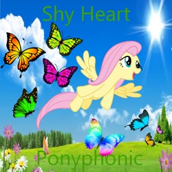 Size: 900x900 | Tagged: safe, artist:ponyphonic, artist:user15432, imported from derpibooru, fluttershy, butterfly, insect, pegasus, pony, album, album cover, blue sky, cloud, flower, flying, grass, open mouth, open smile, shy heart, sky, smiling, sun, tree