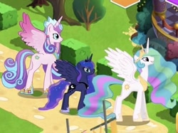 Size: 390x292 | Tagged: safe, imported from derpibooru, princess celestia, princess flurry heart, princess luna, alicorn, adult flurry heart, ethereal mane, game screencap, gameloft, height difference, hoof shoes, my little pony: magic princess, older, older flurry heart, peytral, spread wings, trio, wings