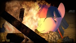 Size: 1360x768 | Tagged: safe, imported from derpibooru, twilight sparkle, pony, unicorn, 3d, ^^, campfire, eyes closed, fire, game, gmod, horn, lying down, multicolored hair, multicolored mane, solo, unicorn twilight