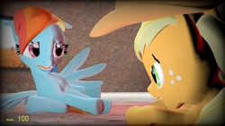 Size: 1360x768 | Tagged: safe, imported from derpibooru, applejack, rainbow dash, earth pony, pegasus, pony, 3d, angry, applejack's hat, argument, cowboy hat, duo, duo female, female, floppy ears, game, gmod, hat, looking at each other, looking at someone, lying down, mare, multicolored hair, multicolored mane, spread wings, wings