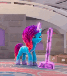 Size: 435x498 | Tagged: safe, imported from derpibooru, screencap, pony, unicorn, spoiler:g5, spoiler:my little pony: make your mark, spoiler:my little pony: make your mark chapter 5, animated, box, broom, crystal brighthouse, cute, g5, glowing, glowing horn, horn, magic, misty brightdawn, mistybetes, my little pony: make your mark, my little pony: make your mark chapter 5, nightmare on mane street, rebirth misty, staircase, stairs, sweeping, telekinesis