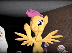 Size: 1022x766 | Tagged: safe, imported from derpibooru, scootaloo, pegasus, pony, 3d, female, filly, foal, game, gmod, looking at you, lucky star, mare, one eye closed, smiling, smiling at you, solo, spread wings, teeth, wings