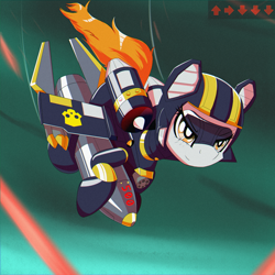 Size: 1500x1500 | Tagged: safe, artist:trackheadtherobopony, imported from derpibooru, original species, plane pony, pony, robot, robot pony, arrow, bomb, eagle (helldivers), flying, jetpack, laser, missile, plane, weapon