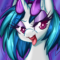 Size: 3000x3000 | Tagged: safe, artist:floralshitpost, imported from derpibooru, dj pon-3, vinyl scratch, unicorn, eyeshadow, horn, lidded eyes, makeup, open mouth, red eyes, sunglasses, sunglasses on head, tongue out, wingding eyes