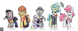 Size: 5000x2000 | Tagged: safe, artist:php104, imported from derpibooru, derpy hooves, oc, oc only, oc:apple whiskey, oc:candi, oc:crane, oc:railright, oc:silver bell, earth pony, ghoul, pony, undead, unicorn, fallout equestria, clothes, gun, hard hat, hat, horn, nurse, simple background, transparent background, weapon