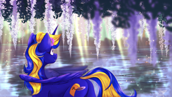 Size: 2920x1643 | Tagged: safe, artist:jsunlight, imported from derpibooru, oc, oc:golden scrolls, alicorn, crepuscular rays, glowing, ocean, solo, sunlight, water