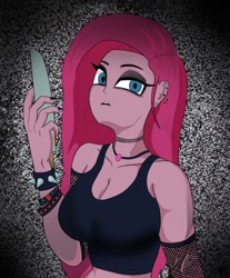 Size: 1061x1280 | Tagged: safe, artist:peel_a_na, imported from derpibooru, pinkie pie, human, equestria girls, breasts, busty pinkie pie, cleavage, female, knife, pinkamena diane pie, solo, static background