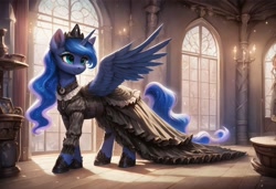 Size: 1216x832 | Tagged: safe, imported from derpibooru, princess luna, alicorn, pony, ai content, ai generated, bracelet, clothes, crown, dress, generator:autismmix pony, generator:stable diffusion, horn, jewelry, prompter:kluknawa235, regalia, smiling, spread wings, torch, window, wings, wooden floor