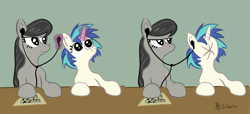 Size: 1600x728 | Tagged: safe, artist:darkdabula, imported from derpibooru, dj pon-3, octavia melody, vinyl scratch, earth pony, pony, unicorn, comic, duo, earbuds, horn, lemon meme, listening to music, meme, no iris, octavia is not amused, puckered face, sitting, unamused