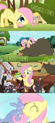 Size: 736x1634 | Tagged: safe, edit, edited screencap, imported from derpibooru, screencap, fluttershy, harry, bat, bear, bird, fruit bat, rabbit, bats!, lesson zero, season 1, season 2, season 4, the cutie mark chronicles, animal, female, filly, filly fluttershy, fluttershy's cottage (interior), food, mare, massage, salad, younger