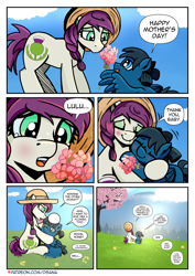 Size: 2481x3508 | Tagged: safe, artist:dsana, imported from derpibooru, oc, oc only, oc:lullaby dusk, oc:thistledown, earth pony, pegasus, pony, comic:a storm's lullaby, duo, duo female, female, filly, flower, foal, mare, tree, wing hold, wings