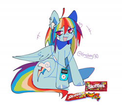 Size: 1956x1683 | Tagged: safe, artist:emoboy130, imported from derpibooru, rainbow dash, pony, :3, ahoge, bandaid, blue hooves, candy, chest fluff, colored hooves, colored pinnae, ear fluff, ear piercing, earring, emanata, eye clipping through hair, eyebrows, eyebrows visible through hair, female, folded wings, food, ipod, ipod shuffle, jewelry, listening to music, looking away, mare, multicolored hair, multicolored mane, multicolored tail, open mouth, open smile, piercing, rainbow hair, rainbow tail, shiny hooves, signature, simple background, sitting, skittles, slit pupils, smiling, solo, tail, white background, wings