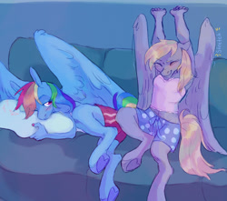 Size: 1700x1500 | Tagged: safe, artist:abbytabbys, imported from derpibooru, derpy hooves, rainbow dash, anthro, pegasus, pony, unguligrade anthro, blonde mane, blonde tail, blue coat, blushing, clothes, colored eyebrows, couch, duo, duo female, eye clipping through hair, eyebrows, eyebrows visible through hair, eyelashes, female, floppy ears, frown, gray coat, holding pillow, hoof heart, indoors, large wings, lidded eyes, looking at someone, lying down, mare, multicolored hair, multicolored mane, multicolored tail, nap, onomatopoeia, painted nails, partially open wings, pink eyes, prone, rainbow hair, rainbow tail, roommates, shiny mane, shiny tail, shorts, smiling, sports shorts, stretching, tail, tall ears, tanktop, text, underhoof, wing fluff, wings