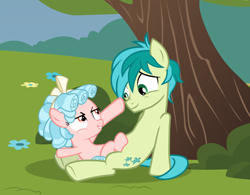 Size: 1162x906 | Tagged: safe, artist:lunaticdawn, imported from derpibooru, cozy glow, sandbar, earth pony, pegasus, pony, boop, colt, cute, duo, eye contact, female, filly, foal, grass, looking at each other, looking at someone, male, sitting, smiling, smirk, teenager, tree