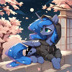 Size: 2056x2056 | Tagged: safe, imported from derpibooru, princess luna, alicorn, pony, ai content, ai generated, artificial intelligence, cherry blossoms, clothes, female, flower, flower blossom, happy, hoodie, horn, lying down, mare, moon, night, wings