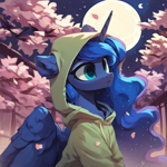 Size: 2048x2048 | Tagged: safe, imported from derpibooru, princess luna, alicorn, pony, ai content, ai generated, artificial intelligence, cherry blossoms, clothes, ear fluff, female, flower, flower blossom, hoodie, mare, moon, night, solo, wing fluff, wings