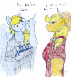 Size: 869x950 | Tagged: safe, artist:lunarlight-prism, imported from derpibooru, applejack, derpy hooves, anthro, earth pony, pegasus, avatar the last airbender, clothes, dialogue, duo, female, grin, shirt, simple background, smiling, t-shirt, traditional art, white background